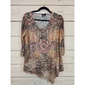 New Directions Womens Multicolor Geometric 3/4 Sleeve Scoop Neck Blouse Sz Large